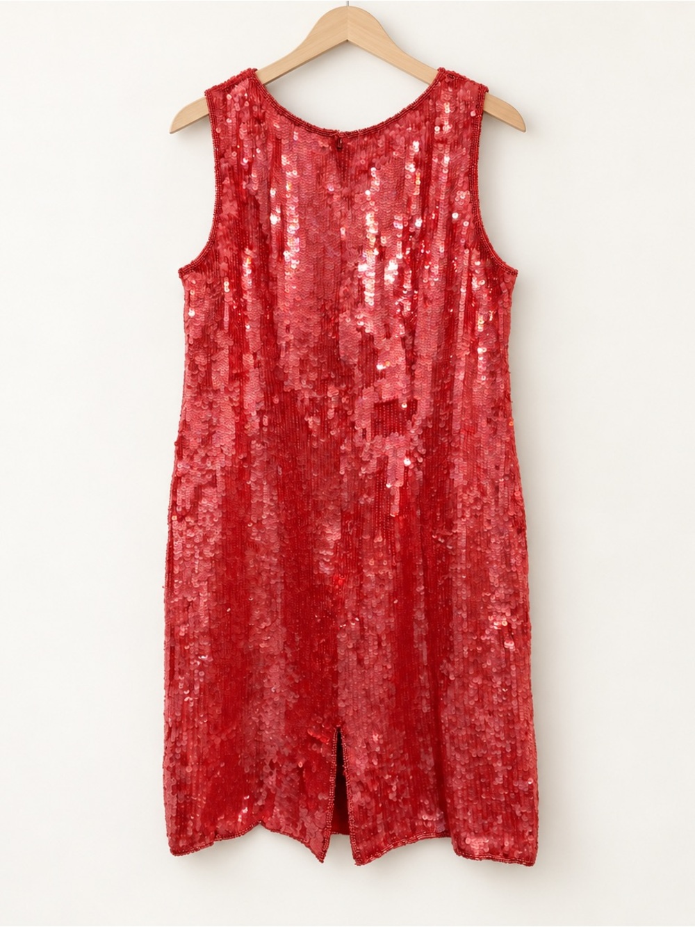 Vintage 80s Carolyne Barton Pink Red Sequin Beaded 100% Silk Cocktail Dress M